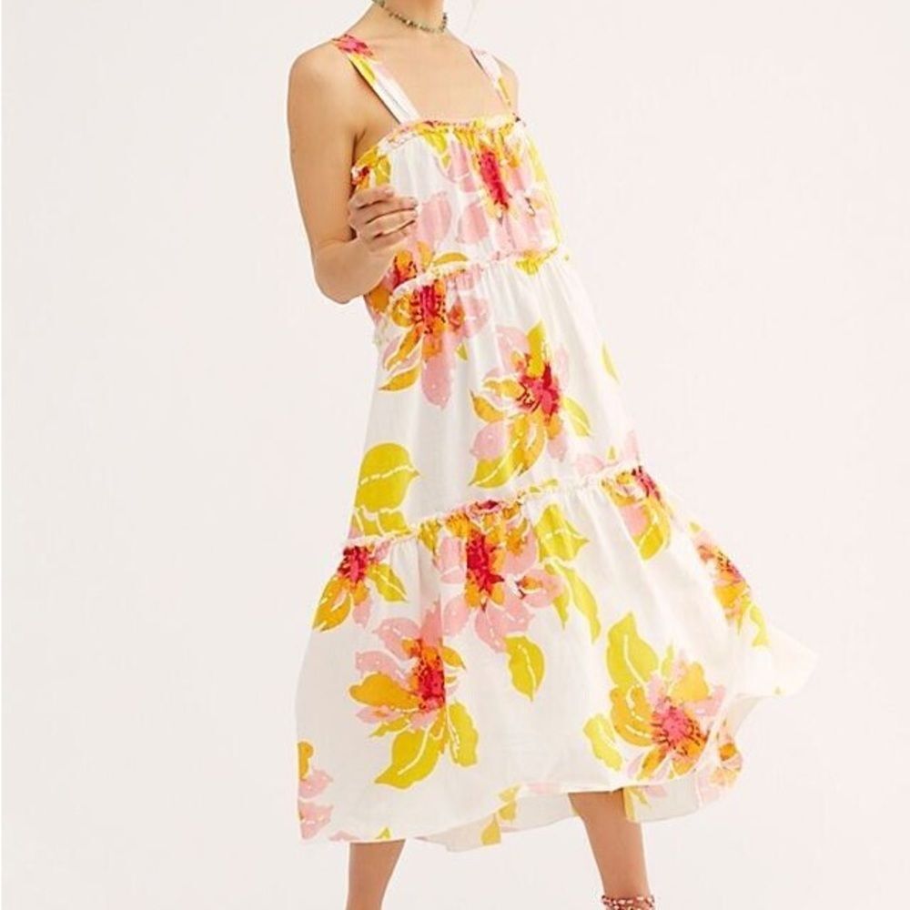 Free People White Floral Moonshine Linen Blend Midi Dress Size Extra Small